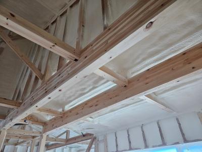 その他：最初に屋根面の施工を進めています。二日目ですが屋根面はおおよそ吹き終わりました。
